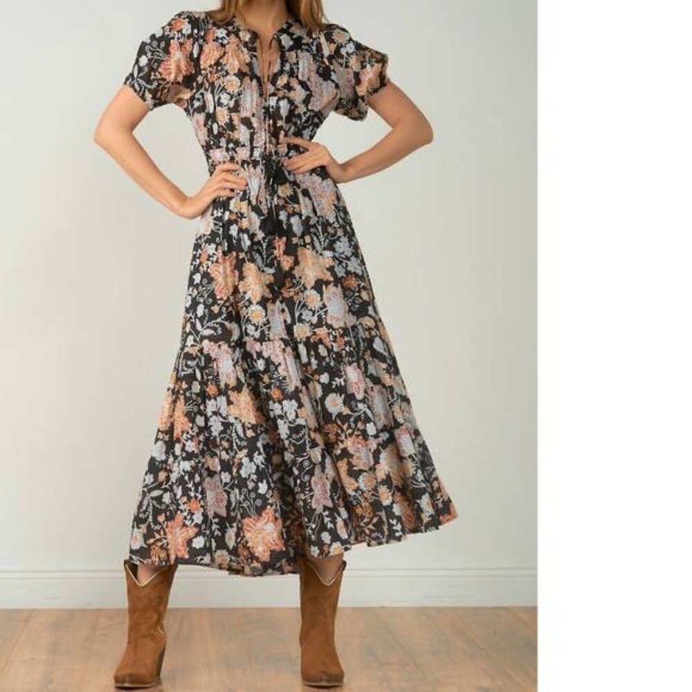 ELAN weekends & wineries maxi dress in black floral print